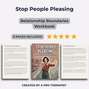 May include: A workbook titled "Stop People Pleasing: Relationship Boundaries Workbook" with the text "9 Pages Included." The cover features an illustration of a woman and the text "Identity & Energy." Three pages of text are visible, along with five gold stars.