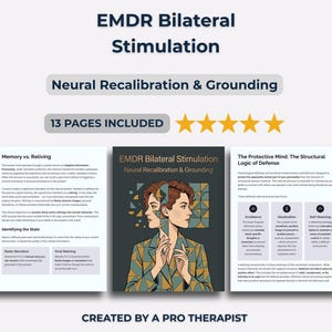 Könnte beinhalten: Broschüre mit dem Titel "EMDR Bilateral Stimulation" und dem Untertitel "Neural Recalibration & Grounding". Die Broschüre umfasst 13 Seiten und enthält Illustrationen und Texte zu Gedächtnis, Abwehrmechanismen und verwandten Themen. Der Text "Erstellt von einem professionellen Therapeuten" steht unten.