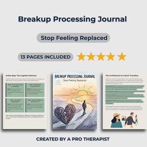 以下が含まれることがあります： 「Stop Feeling Replaced」というテキストが入った、別れの処理ジャーナル。画像には、テキストとイラストが描かれた3つの開いたページが表示されています。表紙には、壊れた心から夕焼けに向かって歩いていく人が描かれています。ジャーナルには13ページが含まれています。