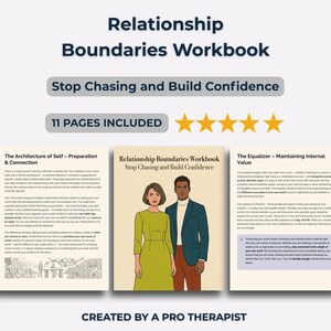 Puede incluir: Un cuaderno de trabajo titulado "Relationship Boundaries Workbook" con el texto "Stop Chasing and Build Confidence". La portada presenta una ilustración de una pareja. También es visible el texto "11 PAGES INCLUDED". La parte inferior de la imagen dice "CREATED BY A PRO THERAPIST."