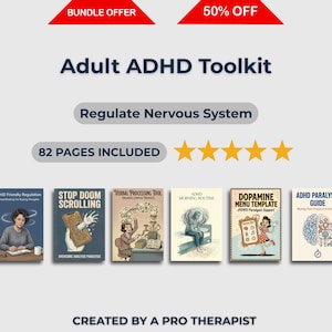 Puede incluir: Imagen que promociona un "Adult ADHD Toolkit" con el texto "Regulate Nervous System" y "82 PAGES INCLUDED". La imagen presenta seis portadas de libros con ilustraciones y texto. La parte superior de la imagen tiene una pancarta roja que dice "BUNDLE OFFER" y "50% OFF."