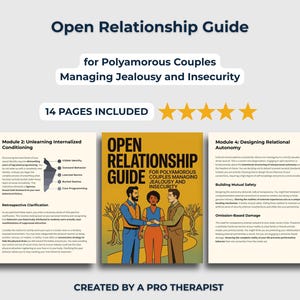 Puede incluir: Una portada del libro "Open Relationship Guide" con el título y subtítulo: "for Polyamorous Couples Managing Jealousy and Insecurity". La portada presenta ilustraciones de tres personas y el texto "14 PAGES INCLUDED".