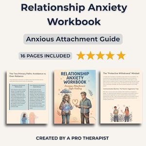 Puede incluir: Un cuaderno de trabajo titulado "Relationship Anxiety Workbook" con el subtítulo "Anxious Attachment Guide". La portada presenta una ilustración de una pareja. Se muestra el texto "16 PAGES INCLUDED". El cuaderno de trabajo está creado por un terapeuta profesional.