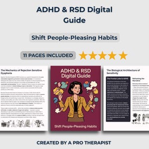 Puede incluir: Guía digital titulada "ADHD & RSD Digital Guide" con el subtítulo "Shift People-Pleasing Habits". La portada presenta a una mujer con bocadillos de pensamiento. La guía incluye 11 páginas y está creada por un terapeuta profesional.