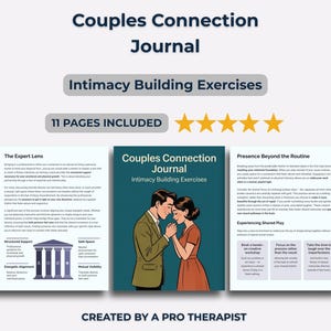 Op de afbeelding: Een tijdschrift getiteld "Couples Connection Journal" met "Intimacy Building Exercises" op de omslag. De omslag bevat een illustratie van een stel. Het tijdschrift bevat 11 pagina's en is gemaakt door een professionele therapeut. De tekst op de omslag luidt "Couples Connection Journal" en "Intimacy Building Exercises".