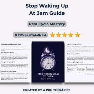 Puede incluir: Una guía titulada "Stop Waking Up At 3am Guide" con el subtítulo "Rest Cycle Mastery". La portada presenta un reloj bajo una luna creciente. La guía incluye 11 páginas y está creada por un terapeuta profesional.