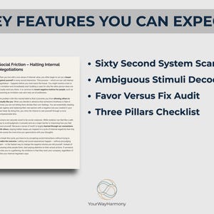 Peut inclure: Graphique gris clair avec le texte "KEY FEATURES YOU CAN EXPECT" en haut. En dessous, un document intitul&eacute; "Social Friction - Halting Internal Negotiations" est affich&eacute;. Des puces &eacute;num&egrave;rent les caract&eacute;ristiques : Sixty Second System Scan, Ambiguous Stimuli Decoder, Favor Versus Fix Audit et Three Pillars Checklist.