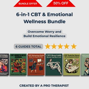 Puede incluir: Un paquete de seis guías de bienestar emocional y TCC. Las portadas presentan ilustraciones y texto, incluyendo "CBT Emotional Growth Guide" y "CBT Mindfulness Journal". La imagen incluye el texto "Supera la preocupación y construye la resiliencia emocional".
