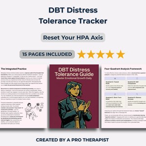 May include: A digital product titled "DBT Distress Tolerance Tracker" with the text "Reset Your HPA Axis" and "15 PAGES INCLUDED." The product includes a guide and framework for emotional growth, created by a pro therapist.