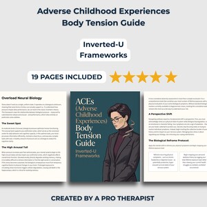 Può includere: Una guida digitale di 19 pagine intitolata Adverse Childhood Experiences Body Tension Guide Inverted-U Frameworks. Il documento presenta l'illustrazione di una persona con blazer scuro e occhiali, con sezioni di testo sulla biologia neurale.
