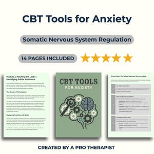 May include: A guide titled "CBT Tools for Anxiety" with the subtitle "Somatic Nervous System Regulation." The cover features a brain and gears illustration. The guide includes 14 pages and is created by a pro therapist.