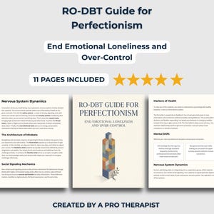Op de afbeelding: Een digitale gids getiteld RO-DBT Guide for Perfectionism: End Emotional Loneliness and Over-Control. Het document bevat 11 pagina's met tekst, met secties over de dynamiek van het zenuwstelsel, gezondheidsmarkers en een centrale afbeelding van gestapelde blokken.