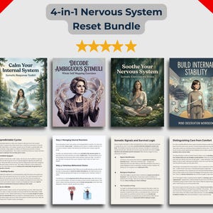 Peut inclure: Publicit&eacute; pour un ensemble de r&eacute;initialisation du syst&egrave;me nerveux 4 en 1. L'image pr&eacute;sente quatre couvertures de livres avec des illustrations de femmes et du texte. L'ensemble comprend des titres tels que "Calmez votre syst&egrave;me interne" et "Construire la stabilit&eacute; interne".