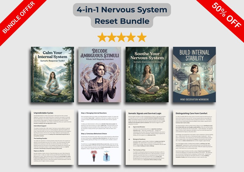 Peut inclure: Publicit&eacute; pour un ensemble de r&eacute;initialisation du syst&egrave;me nerveux 4 en 1. L'image pr&eacute;sente quatre couvertures de livres avec des illustrations de femmes et du texte. L'ensemble comprend des titres tels que "Calmez votre syst&egrave;me interne" et "Construire la stabilit&eacute; interne".