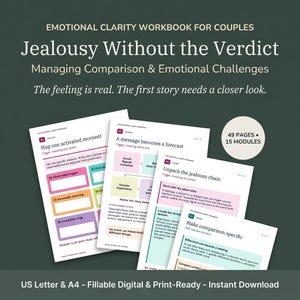 Può includere: Un quaderno di esercizi di chiarezza emotiva per coppie intitolato Jealousy Without the Verdict, con 49 pagine e 15 moduli. Il quaderno include pagine digitali compilabili e pronte per la stampa nei formati US Letter e A4 con diagrammi.