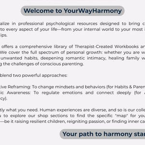 Pu&ograve; includere: Grafica testuale che presenta YourWayHarmony, specializzata in risorse psicologiche. Descrive quaderni di lavoro e diari per la crescita personale, tra cui il Riquadro Cognitivo e la Consapevolezza Somatica. La frase "Your path to harmony starts here" &egrave; in basso.