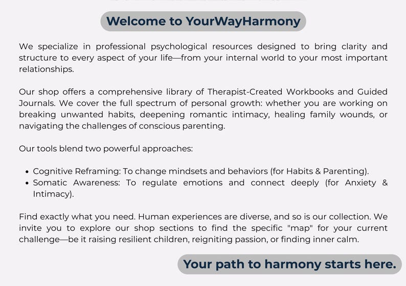 Pu&ograve; includere: Grafica testuale che presenta YourWayHarmony, specializzata in risorse psicologiche. Descrive quaderni di lavoro e diari per la crescita personale, tra cui il Riquadro Cognitivo e la Consapevolezza Somatica. La frase "Your path to harmony starts here" &egrave; in basso.