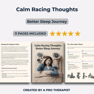Könnte beinhalten: Ein digitaler Ratgeber mit dem Titel "Calm Racing Thoughts Better Sleep Journey" mit 11 Seiten. Das Cover zeigt eine Illustration einer Person im Bett. Der Ratgeber wurde von einem professionellen Therapeuten erstellt und enthält den Text "Better Sleep Journey".