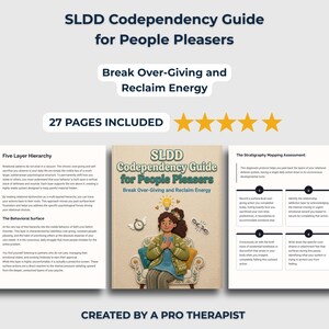 Può includere: Una guida digitale di 27 pagine intitolata SLDD Codependency Guide for People Pleasers: Break Over-Giving and Reclaim Energy. La copertina presenta l'illustrazione di una persona seduta su una sedia con una lampadina sopra la testa.