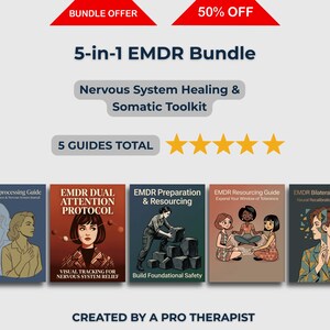 May include: A bundle of five EMDR guides, including "EMDR Reprocessing Guide" and "EMDR Dual Attention Protocol." The image features a red banner with "BUNDLE OFFER" and "50% OFF" text. The guides are designed for nervous system healing and somatic toolkit.