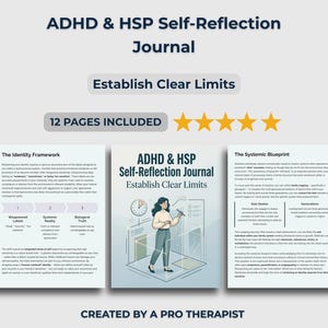 May include: ADHD & HSP Self-Reflection Journal with the text "Establish Clear Limits." The cover features an illustration of a woman and a clock. The journal includes 12 pages and is created by a pro therapist.
