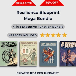 May include: A bundle of four books titled "Resilience Blueprint Mega Bundle" with the text "4-in-1 Executive Function Bundle" and "43 PAGES INCLUDED." The book covers feature illustrations and titles such as "Shift Internal Motivation" and "Escape the Decent Trap."