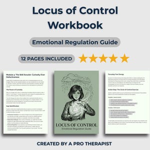 Può includere: Un quaderno di lavoro intitolato "Locus of Control" con il sottotitolo "Guida alla regolazione emotiva". La copertina presenta un'illustrazione di una donna che tiene in mano un globo luminoso. Il quaderno di lavoro include 12 pagine ed è creato da un terapista professionista.