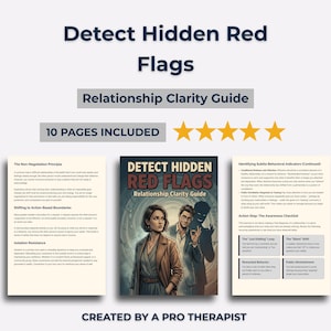Puede incluir: Una guía de claridad de relaciones titulada "Detect Hidden Red Flags" con una mujer y un hombre en la portada. La guía incluye 10 páginas y está creada por un terapeuta profesional. El título está en fuente azul oscuro.