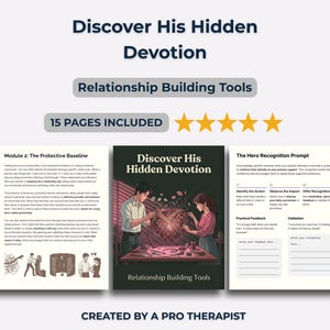 May include: Image promoting a relationship guide titled "Discover His Hidden Devotion." The cover shows a couple and a detailed illustration. The guide includes "Relationship Building Tools" and is stated to have "15 PAGES INCLUDED."