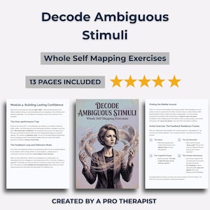 以下が含まれることがあります： 「Decode Ambiguous Stimuli」というタイトルのデジタル製品で、「Whole Self Mapping Exercises」というテキストが入っています。表紙には渦巻くイメージの女性が描かれています。この製品には13ページが含まれており、プロのセラピストによって作成されました。
