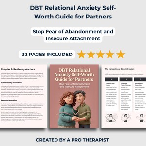 Op de afbeelding: Een 32-pagina tellende DBT-gids over relationele angst en eigenwaarde voor partners, met teksten over veerkrachtankers. De cover toont een 3D-illustratie van een koppel dat een hartvormig touwtje vasthoudt.