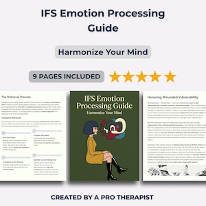 May include: An "IFS Emotion Processing Guide" with the text "Harmonize Your Mind" and "9 Pages Included". The cover features a woman in a yellow dress and black boots. The guide is created by a pro therapist.