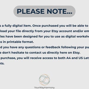 Peut inclure: Avis concernant un article num&eacute;rique avec le texte "PLEASE NOTE..." dans un ovale gris. Le texte explique l'article num&eacute;rique, les instructions de t&eacute;l&eacute;chargement et les formats de fichiers. Le logo de la boutique Etsy est en bas.