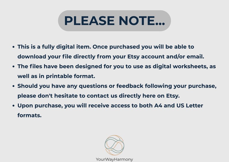 Peut inclure: Avis concernant un article num&eacute;rique avec le texte "PLEASE NOTE..." dans un ovale gris. Le texte explique l'article num&eacute;rique, les instructions de t&eacute;l&eacute;chargement et les formats de fichiers. Le logo de la boutique Etsy est en bas.