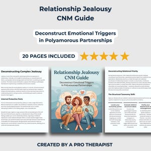Puede incluir: Una guía digital de 20 páginas titulada Relationship Jealousy CNM Guide: Deconstruct Emotional Triggers in Polyamorous Partnerships. El documento incluye una ilustración de tres personas y secciones de texto sobre celos complejos y prioridad relacional.