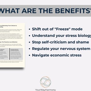 Pu&ograve; includere: Uno sfondo bianco con la scritta "QUALI SONO I VANTAGGI?" in un ovale blu scuro. L'immagine include un documento con testo e punti elenco che elencano i vantaggi come la comprensione della biologia dello stress.