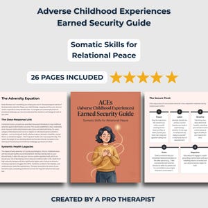 Może przedstawiać: 26-stronicowy cyfrowy przewodnik zatytułowany Adverse Childhood Experiences Earned Security Guide: Somatic Skills for Relational Peace. Dokument zawiera sekcje The Adversity Equation, The Dose-Response Link i The Secure Pivot oraz ilustrację osoby z dłońmi na klatce piersiowej i świetlnymi zawijasami.