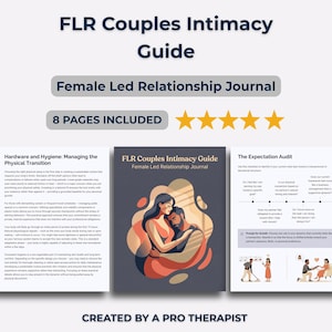 Könnte beinhalten: Ein Ratgeber mit dem Titel "FLR Couples Intimacy Guide" und dem Untertitel "Female Led Relationship Journal". Das Cover zeigt eine Illustration eines Paares, das sich umarmt. Der Ratgeber umfasst 8 Seiten und ist "CREATED BY A PRO THERAPIST".