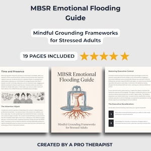 Peut inclure: Un guide MBSR Emotional Flooding de 19 pages proposant des cadres de mise à la terre pour adultes stressés. Le document comprend une page de couverture avec une illustration de fontaine et deux pages d'informations avec texte et schémas.