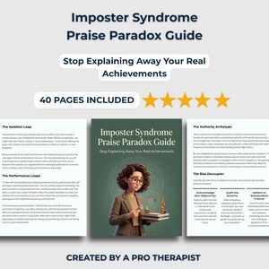 May include: A 40-page digital guide titled Imposter Syndrome Praise Paradox Guide: Stop Explaining Away Your Real Achievements. The cover features an illustration of a person with curly brown hair and glasses holding a stack of books.