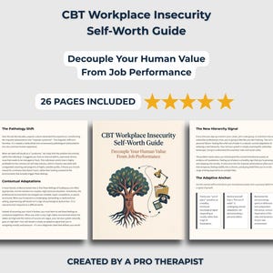 Może przedstawiać: 26-stronicowy przewodnik CBT Workplace Insecurity Self-Worth Guide. Okładka zawiera ilustrację drzewa z twarzą, lampkę biurkową, telefon i kalkulator. Tekst zawiera nagłówki 'CBT Workplace Insecurity Self-Worth Guide' oraz 'Decouple Your Human Value From Job Performance'.