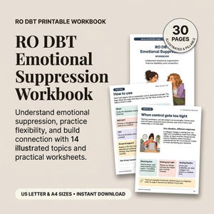 Könnte beinhalten: Ein druckbares RO DBT Arbeitsbuch zur emotionalen Unterdrückung mit 30 Seiten, 14 illustrierten Themen und praktischen Arbeitsblättern. Das Dokument enthält Text zur Nutzung des Leitfadens, zur Kontrollspektrum-Analyse und zu US-Letter- und A4-Formaten.
