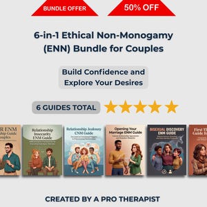 Puede incluir: Un paquete 6 en 1 de no monogamia ética para parejas que incluye seis guías ilustradas. El texto incluye títulos como RADAR ENM, Relationship Insecurity, Relationship Jealousy, Opening Your Marriage, Bisexual Discovery y First Threesome Guide for Couples, con una calificación de cinco estrellas y el texto Created by a Pro Therapist.