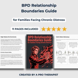 May include: A digital guide titled BPD Relationship Boundaries Guide for Families Facing Chronic Distress, featuring 11 pages, five yellow stars, and a central cover illustration of a person in a red jacket with abstract red and black shapes.