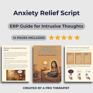 Könnte beinhalten: Anxiety Relief Script, ein ERP-Leitfaden für aufdringliche Gedanken, mit 14 Seiten. Das Cover zeigt eine Frau, die in einem Wohnzimmer meditiert. Der Leitfaden wurde von einem professionellen Therapeuten erstellt.