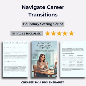 Puede incluir: La imagen presenta una portada de libro titulada "Introvert Networking Strategy" con una mujer en una mesa. También se ve el texto "Navigate Career Transitions" y "Boundary Setting Script". La imagen incluye el texto "15 PAGES INCLUDED" y "CREATED BY A PRO THERAPIST".