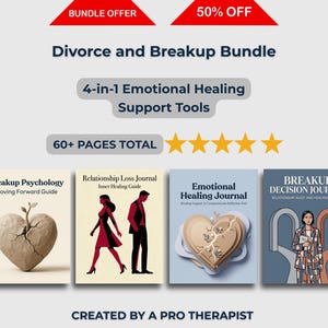 May include: A bundle of four emotional healing journals for divorce and breakup support. The covers feature illustrations of a cracked heart, a couple, a layered heart, and a woman with a decision tree. Includes the text "60+ PAGES TOTAL".