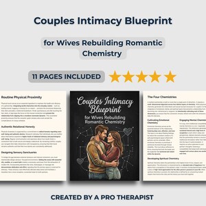May include: A digital product titled "Couples Intimacy Blueprint" for rebuilding romantic chemistry, with the text "11 PAGES INCLUDED." The cover features a couple embracing. The product is "CREATED BY A PRO THERAPIST."