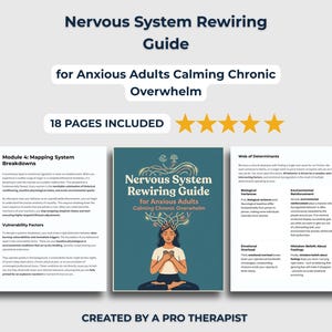 May include: An 18-page Nervous System Rewiring Guide for Anxious Adults Calming Chronic Overwhelm. The document features a central cover with an illustration of a person meditating, flanked by two pages of text titled Module 4 and Web of Determinants.