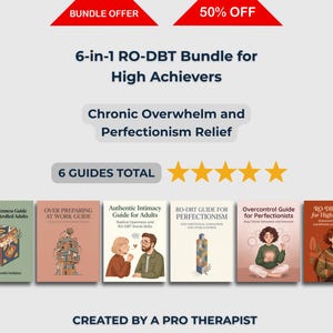 Op de afbeelding: Een 6-in-1 RO-DBT-bundel voor high achievers met zes gidsen getiteld Radical Openness Guide for Overcontrolled Adults, Over Preparing at Work Guide, Authentic Intimacy Guide for Adults, RO-DBT Guide for Perfectionism, Overcontrol Guide for Perfectionists en RO-DBT Guide for High-Achievers. De set bevat vijf gele sterren.